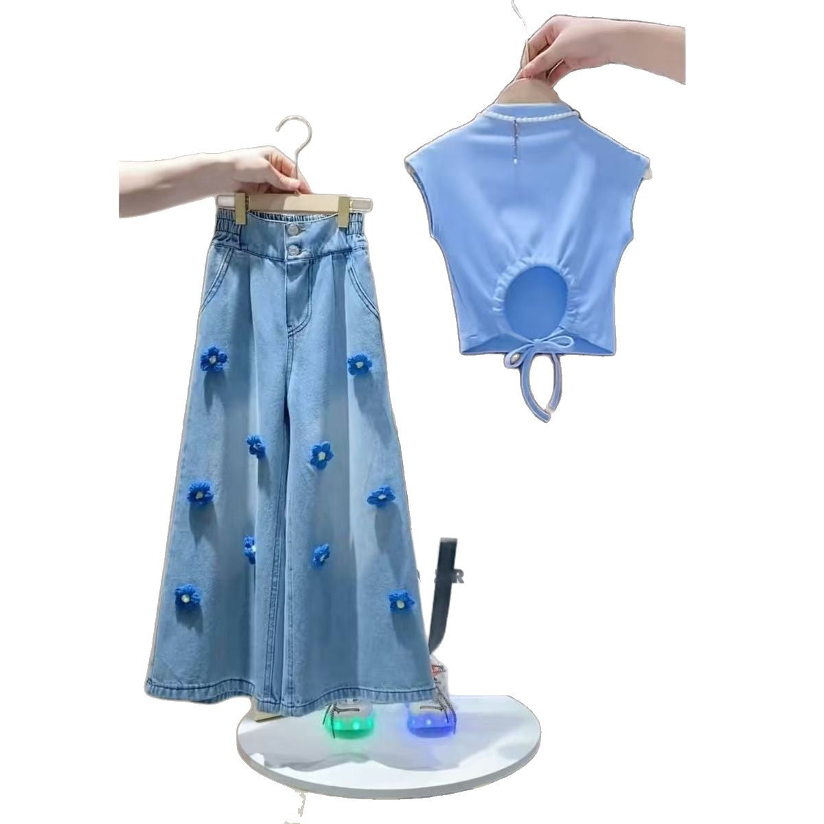 Girls' Summer Outfit 2026 New Trendy Children's Fashionable Waist-Exposing Clothing Set for Older Kids Denim Wide-Leg Pants Two-Piece Set