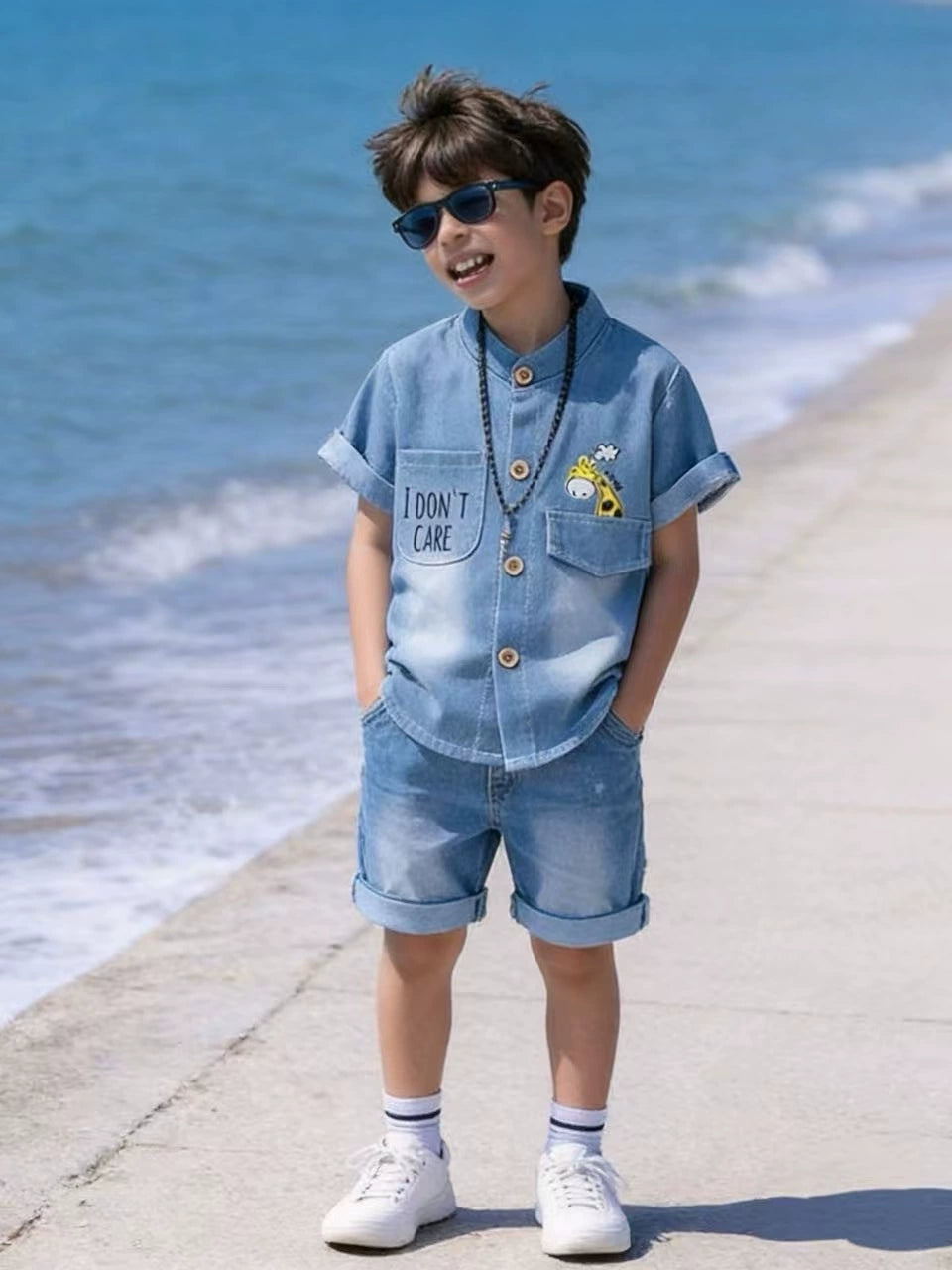 New Korean Style Children's Denim Short-Sleeved Suit Cartoon Deer Print Shirt + Shorts Boys' Clothing Wholesale