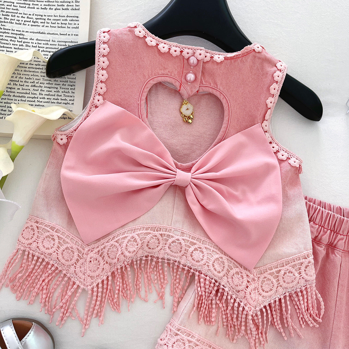 2025 New Summer Korean Style Girls Pink Bow Tassel Shorts Denim Baby Cute Suit