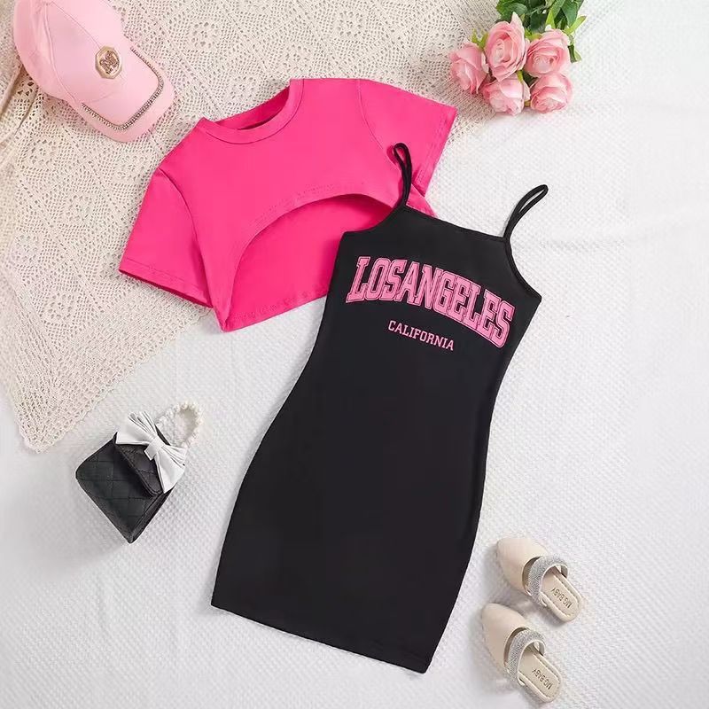 Fashion Kids Summer New Girls' Fashion Western-style Letter Printed Slip Skirt Short-sleeved Short Top