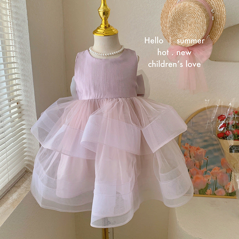 Enchanted Summer Dreams: Girls' Mesh Patchwork Suspender Dress - Disney-Inspired Korean Style