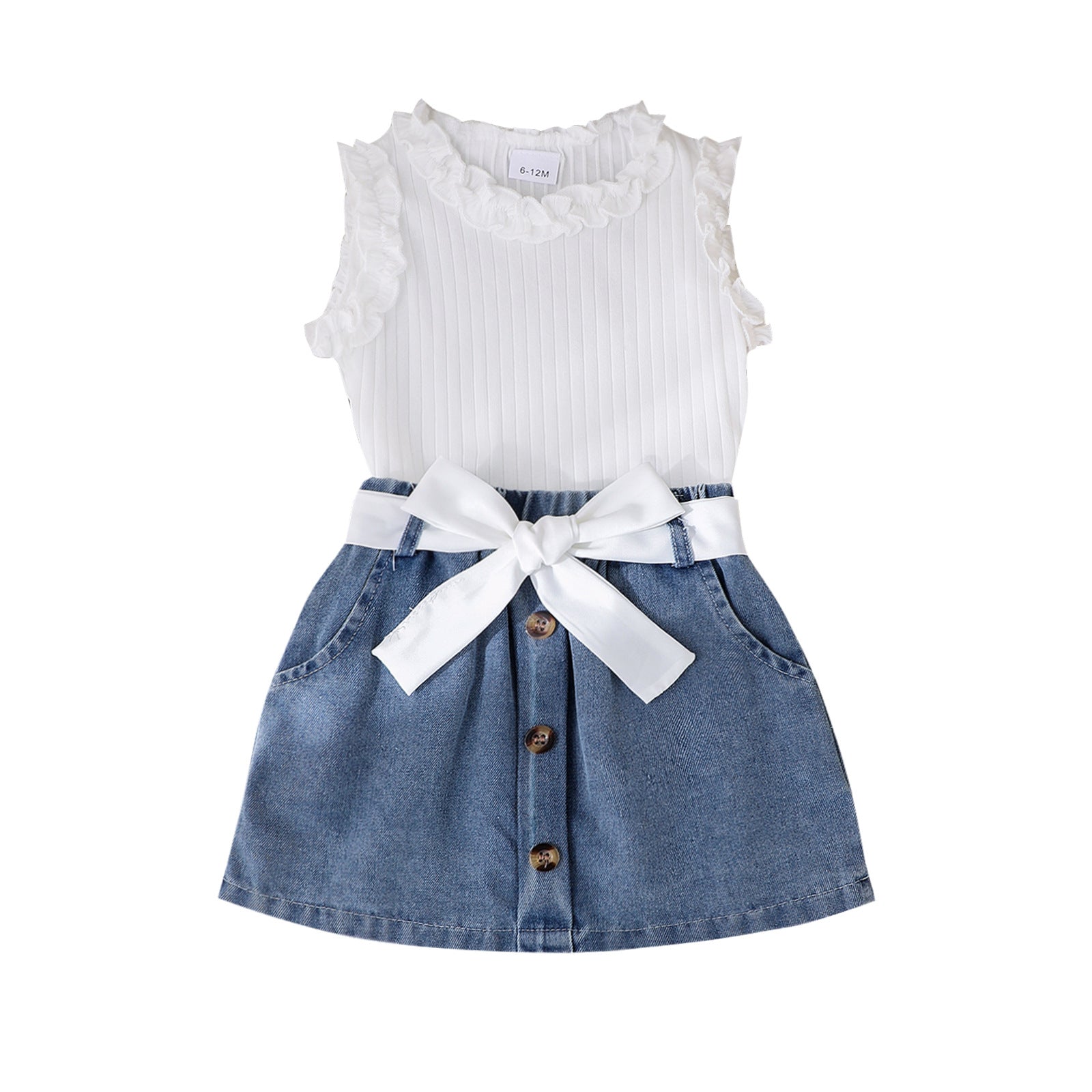 Girls' Ribbed Tank Top and Denim Skirt Set - New European and American Style