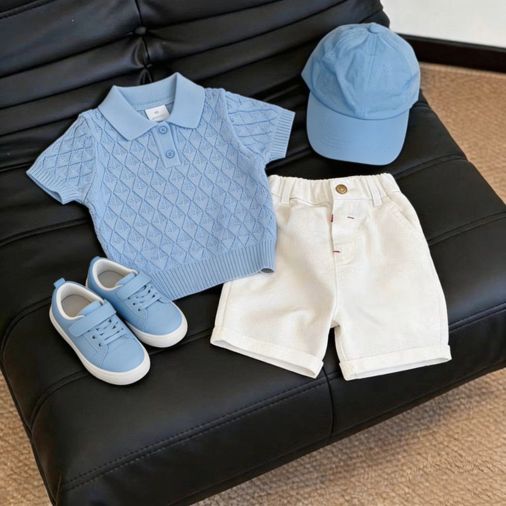 Korean Style Children's Clothing 2026 Summer New Stylish Blue Thin Quilted Hollow-Out Knit Short-Sleeve Casual Pants for Boys and Girls