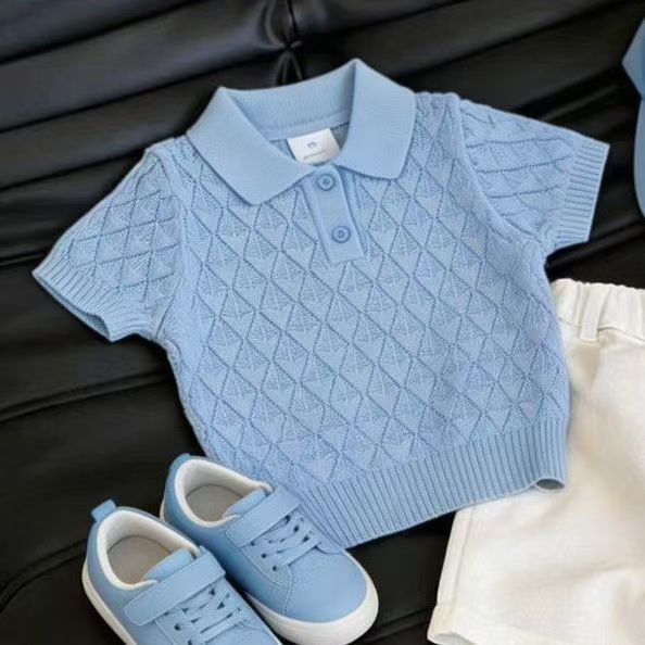 Korean Style Children's Clothing 2026 Summer New Stylish Blue Thin Quilted Hollow-Out Knit Short-Sleeve Casual Pants for Boys and Girls