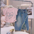 Girls Heart Print T-Shirt & Distressed Denim Jeans Set – Stylish 2-Piece Casual Outfit
