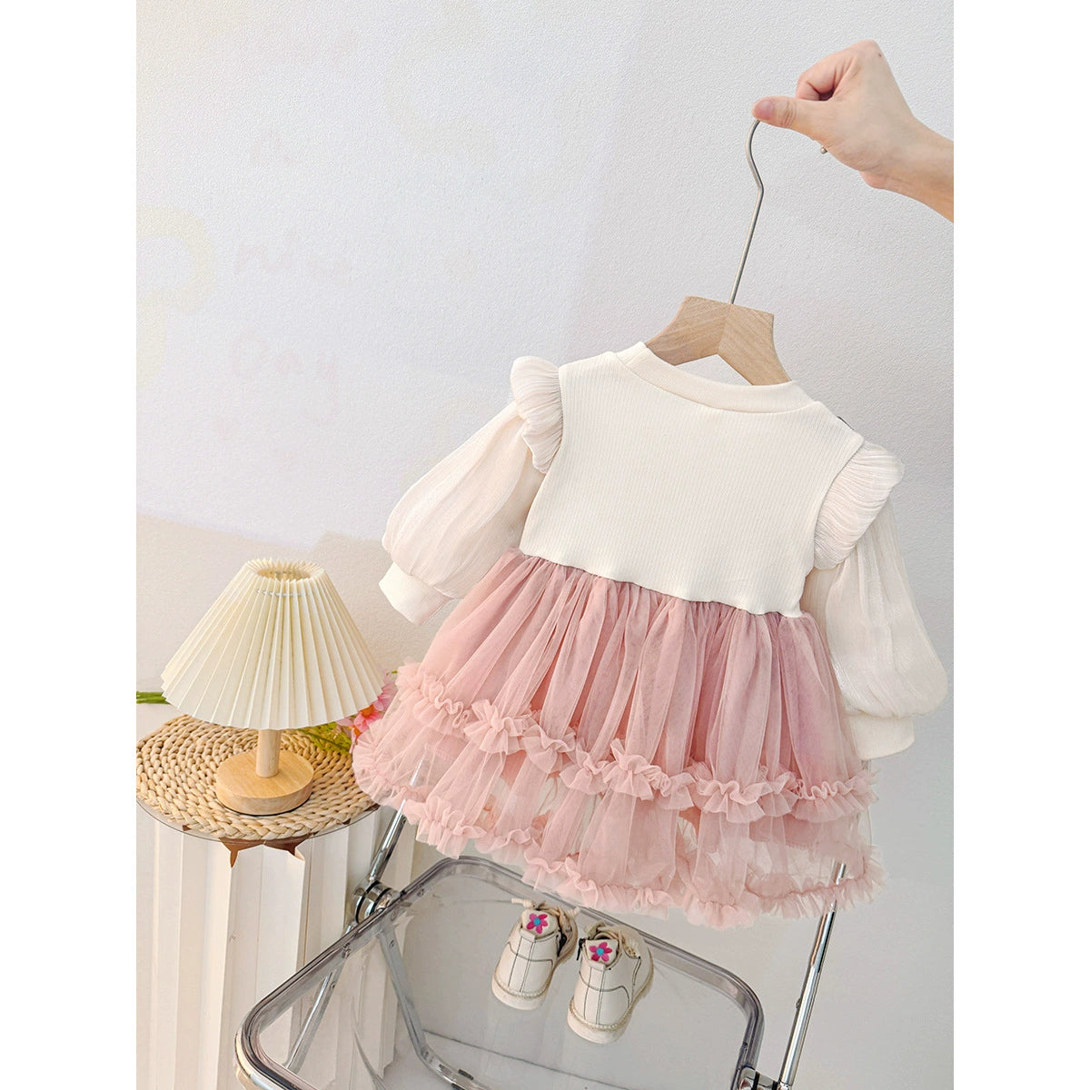 Spring Girls Dress 2025 New Mesh Long-Sleeved Spring Korean Style Fashionable Pure Color Foreign Style Baby Girl Skirt