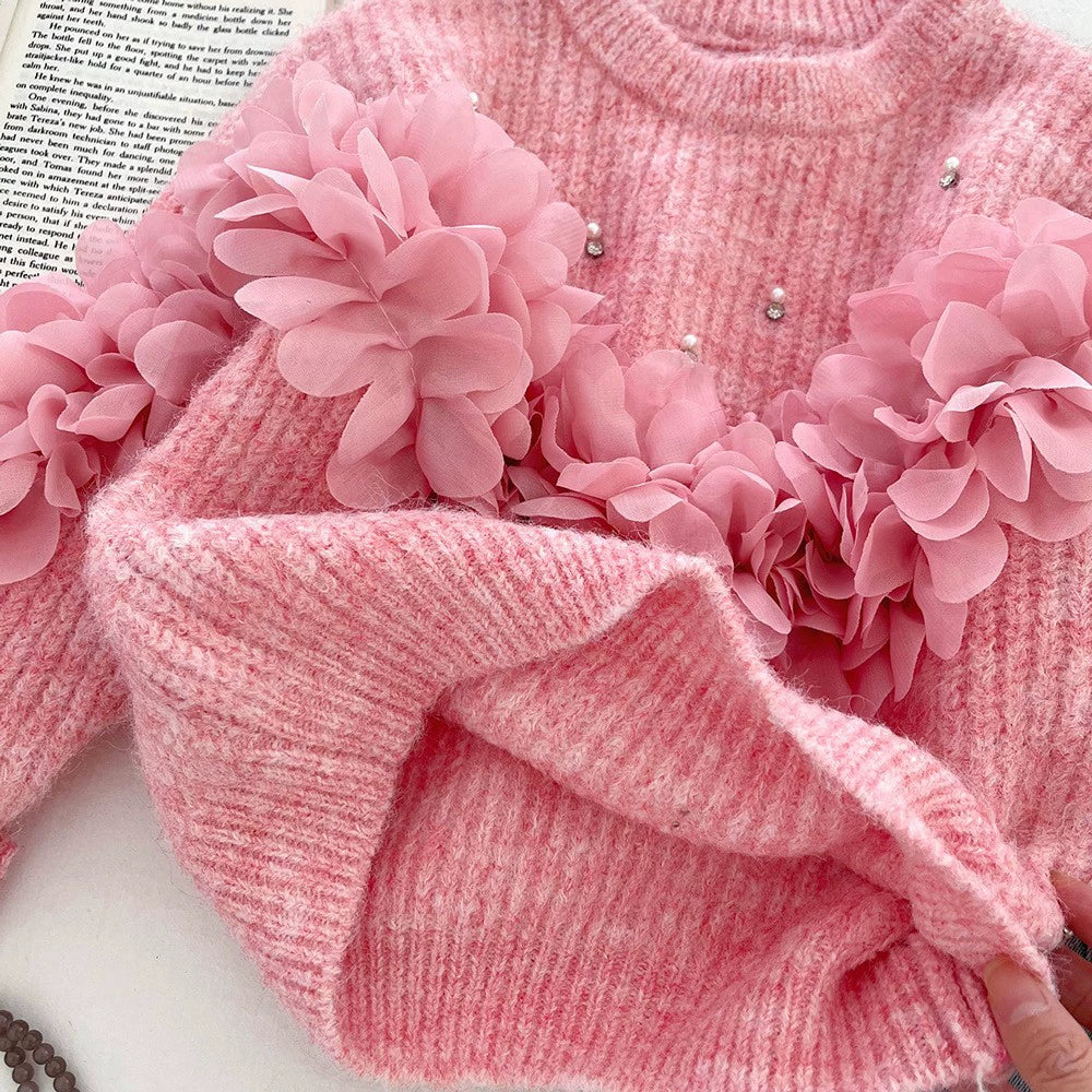 Korean Style Girls' Sweater Set Autumn 2026 Three-Dimensional Floral Knit Sweater and Flared Jeans Two-Piece Trendy Set