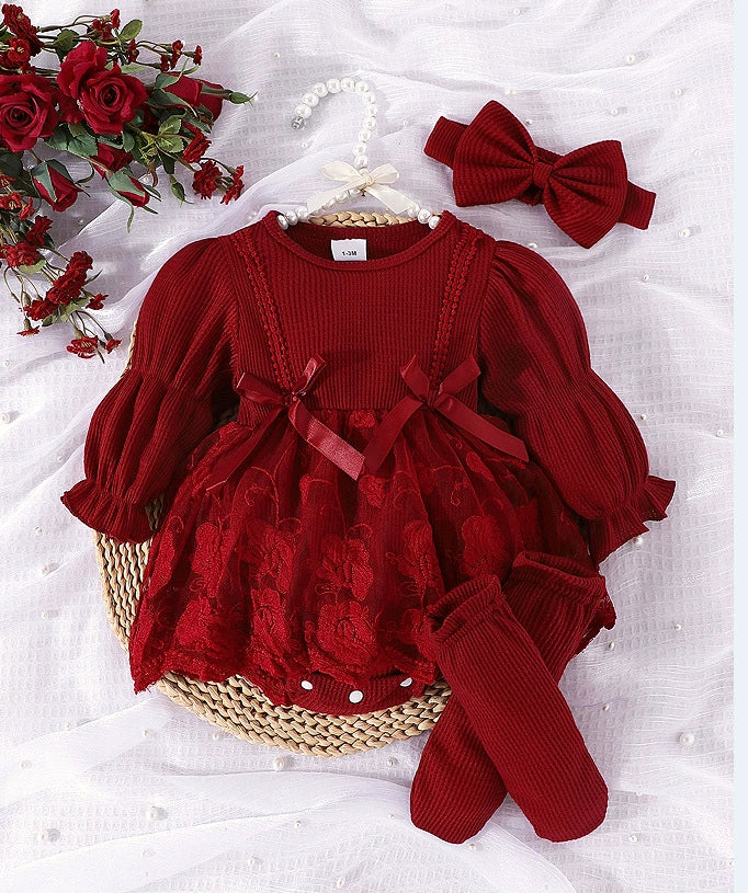 Amazon Foreign Trade Baby and Children's Clothing European and American Style Spring and Autumn Long-Sleeve Mesh Patchwork Romper + Foot Socks + Headband