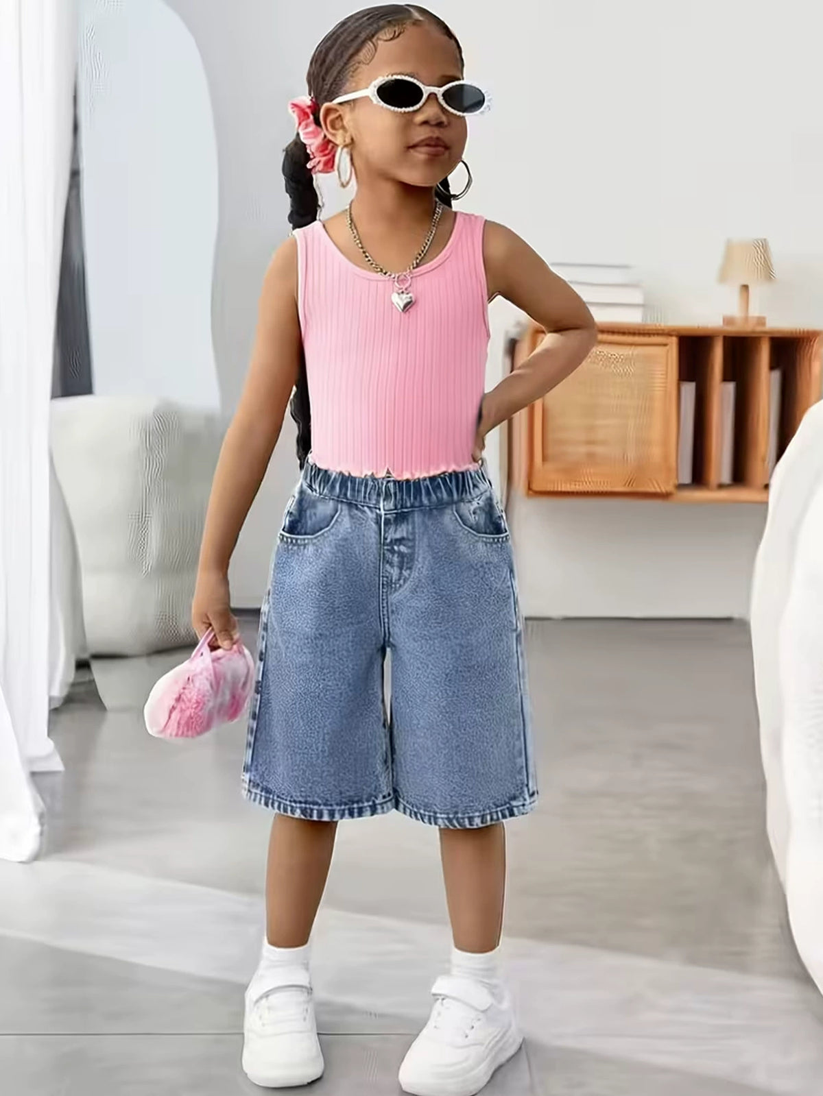 Girls' denim shorts for summer, versatile new style for older children, thin, stylish, loose, casual mid-length pants