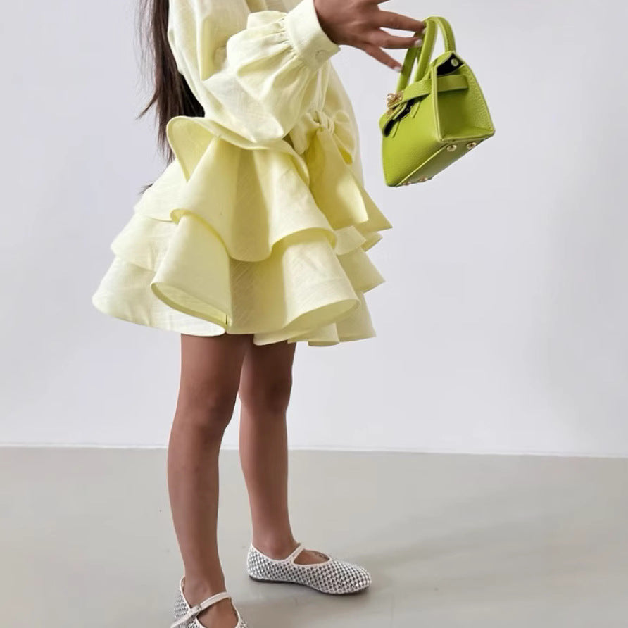 2025 Ins Russian Girls Linen Fashion Ruffled Princess Dress Jk Belt Elegant Lapel Dress