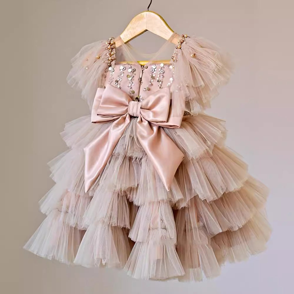 Girls' Dress 2026 New Style Sequined Layered Bow Children's Dress Puffy Mesh Princess Dress Catwalk Performance Outfit