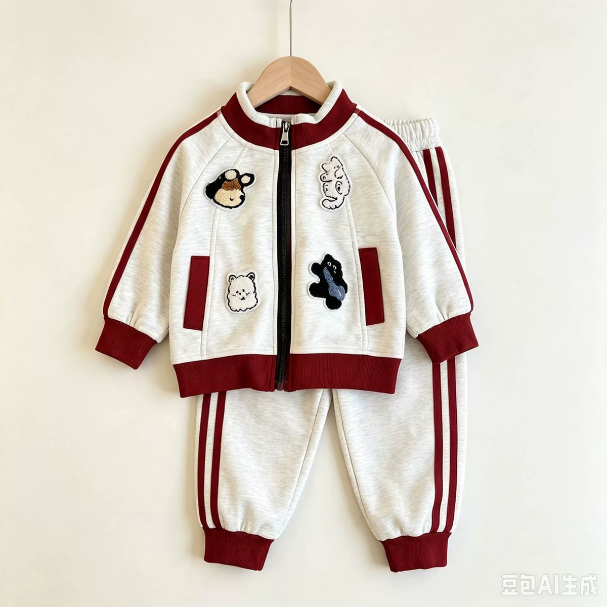 Spring and Autumn New Style Boys and Girls Stand Collar Towel Embroidery Raglan Sports Set, Cartoon Stylish Casual Two-Piece Set for Young Children