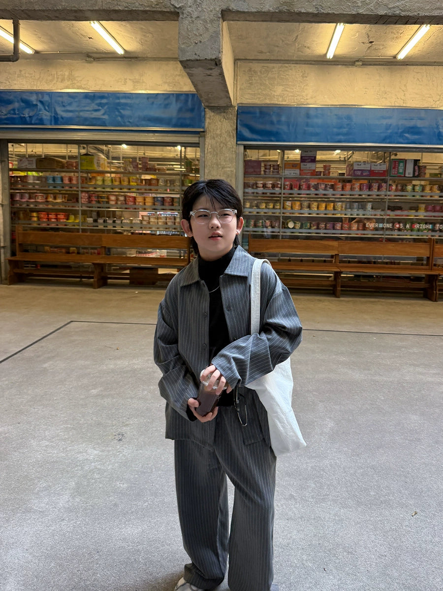 Children's Clothing Wholesale 2026 Autumn New Children's Striped Suit Set Boys' Old Money Style Shirt Casual Two-Piece Set