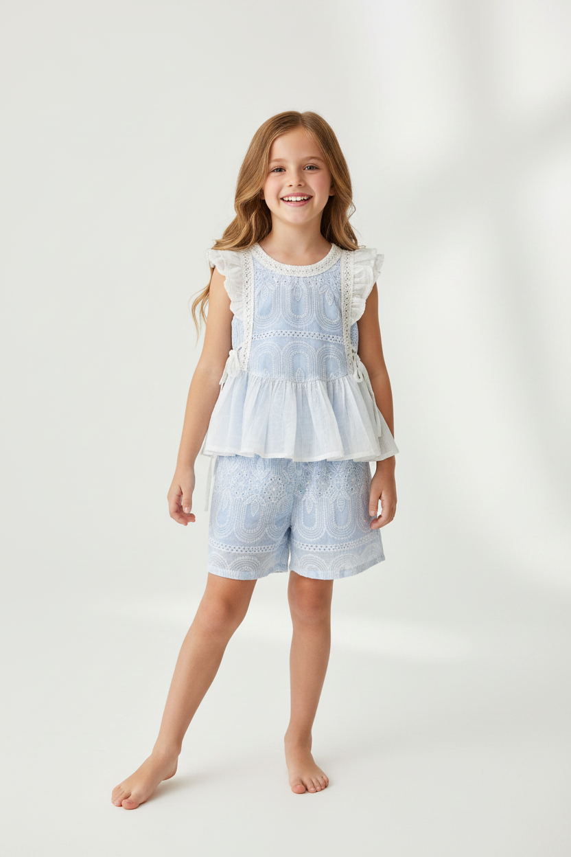 Girls' Flying Sleeve Lace Vest & Shorts Set