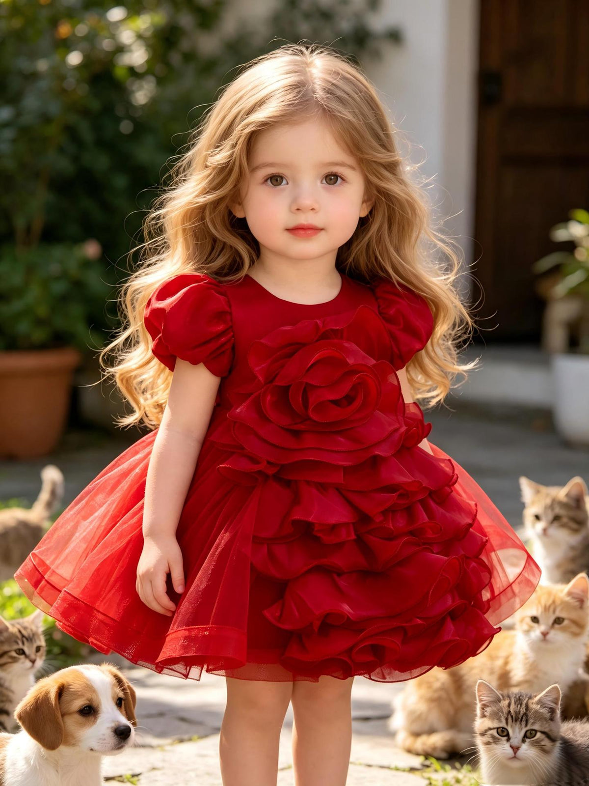 Cross-Border Children's One-Year-Old Formal Dress, Puffy Skirt, Puff Sleeves, Girl's 3D Floral Princess Dress, Birthday Performance Dress