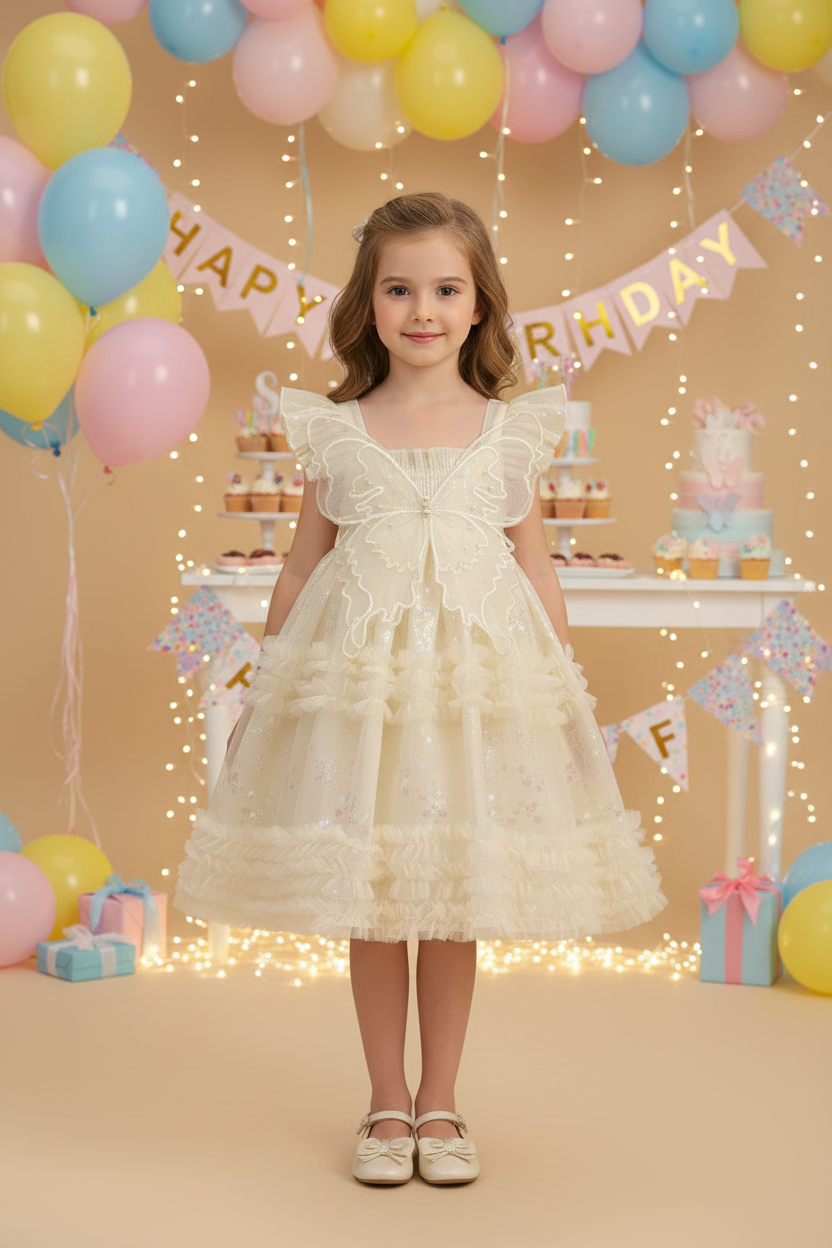 Stylish White Dress for Girls with Butterfly Wings