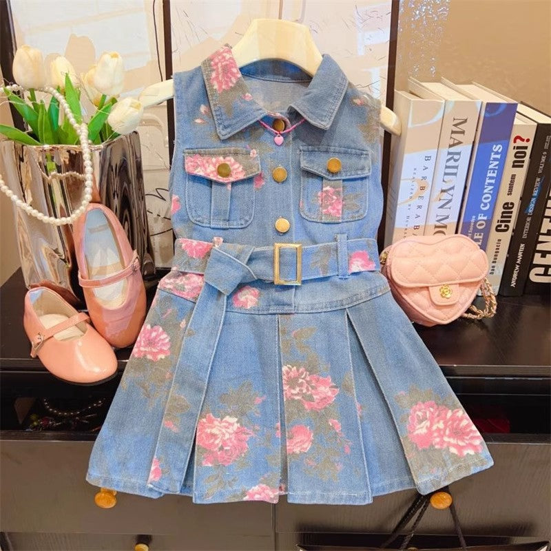 Girls Korean Summer 2025 Fashion Sleeveless Princess Denim Dress for Kids