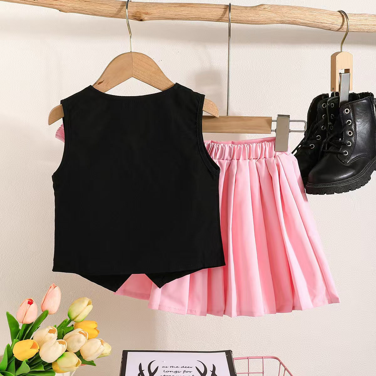 Children's clothing Cross Border Girls Summer Satin Flower Sleeveless Top Pink Pleated Skirt