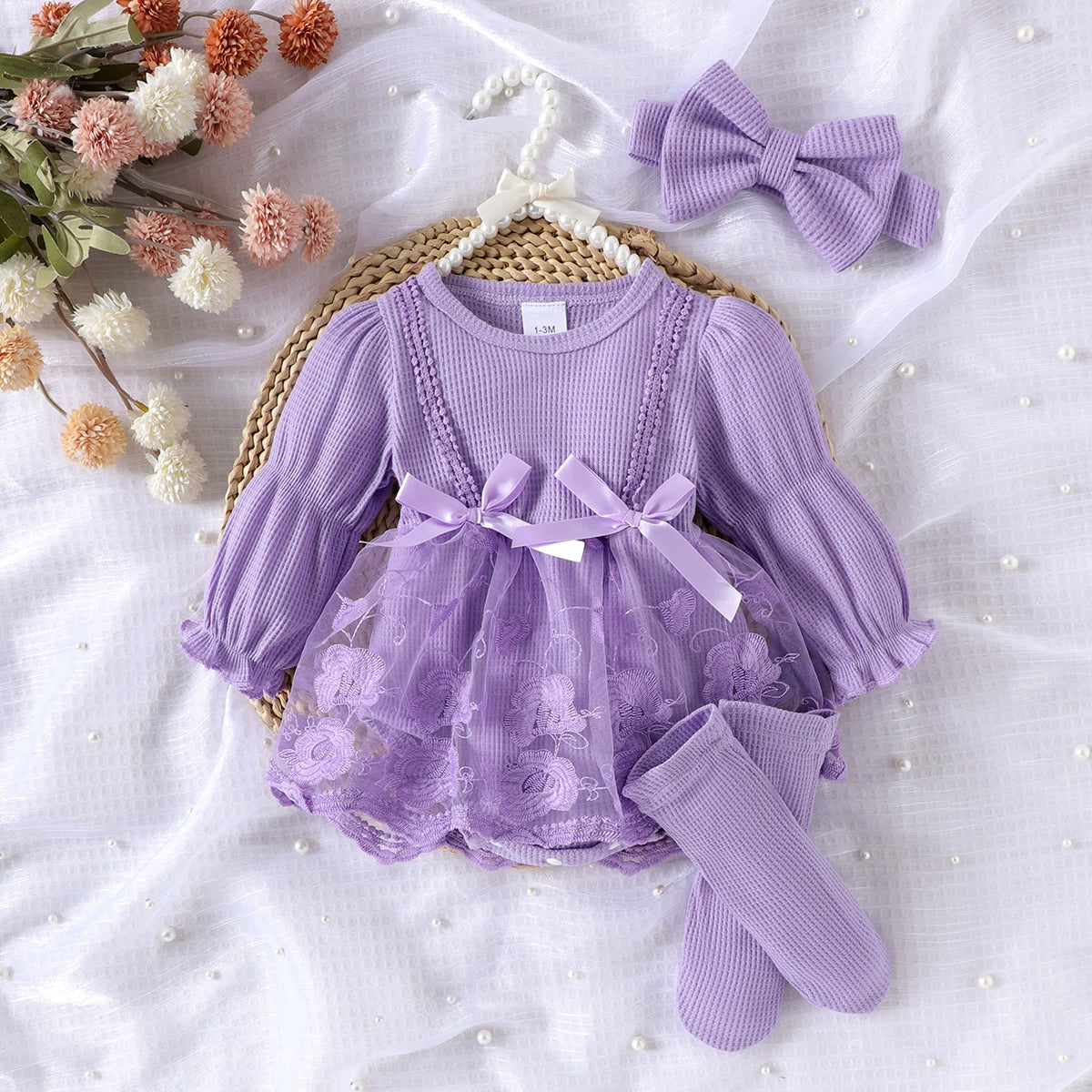 Amazon Foreign Trade Baby and Children's Clothing European and American Style Spring and Autumn Long-Sleeve Mesh Patchwork Romper + Foot Socks + Headband