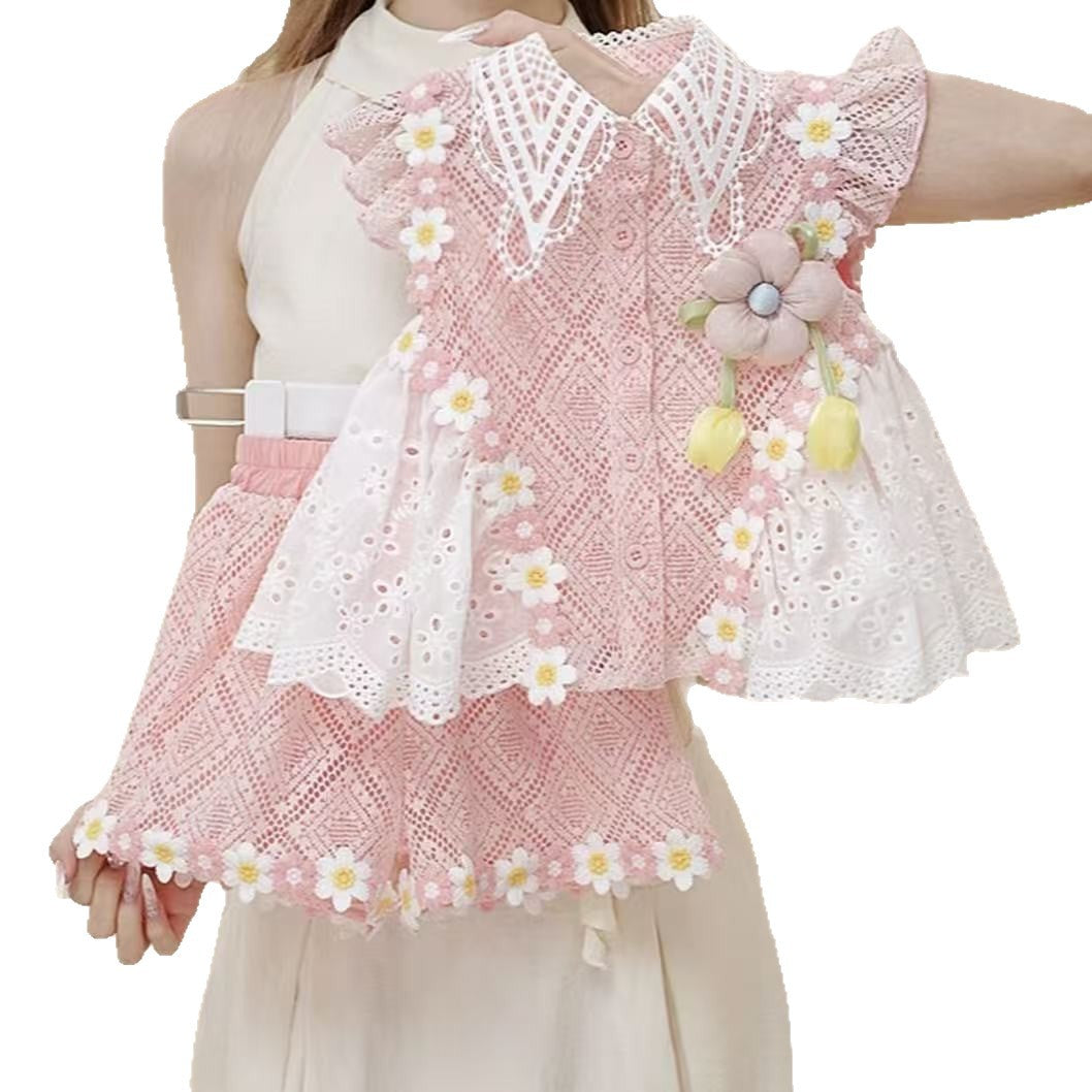 2026 New Summer Style Girls' Korean-Style High-End Pink Lace Collar Sleeveless Top and Shorts Set Two-Piece Set