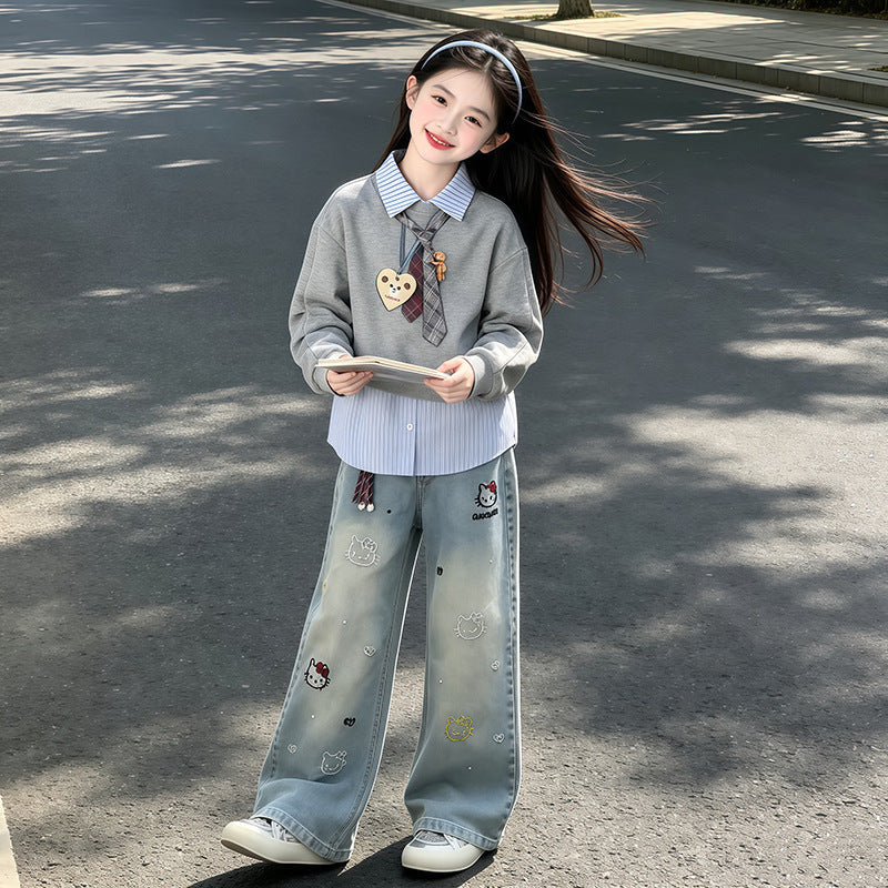 Girls' Spring and Autumn Sweatshirt Set 2026 New Style for Older Girls, Casual Top and Children's Denim Wide-Leg Pants Two-Piece Set