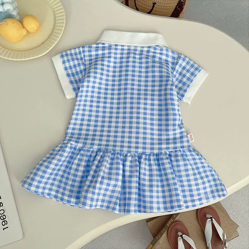Summer Plaid Skirt Korean Children's Clothing Pink and White Plaid Polo Casual Stylish 2026 New Sweet Girl's Dress