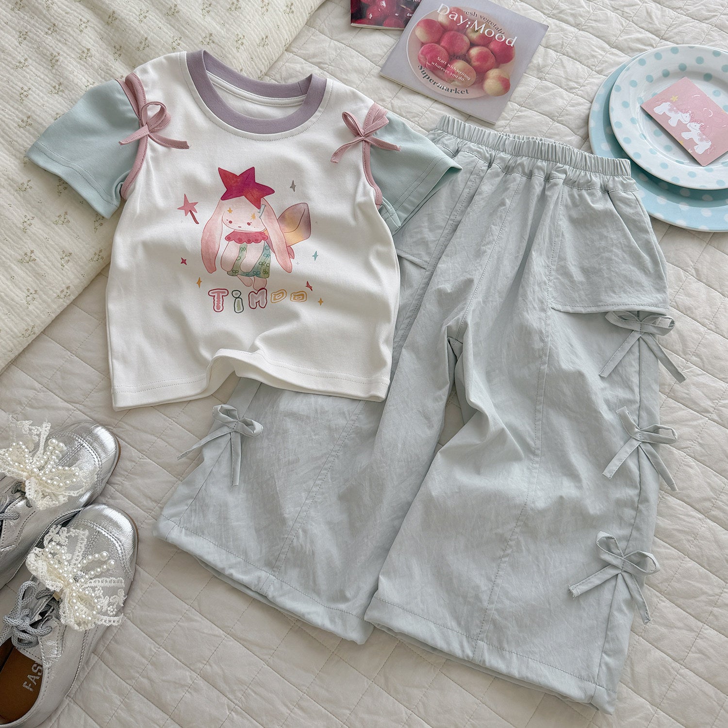 Orange Brand Girls' 2026 New Summer Trendy Stylish Bow Sleeve T-Shirt and Pants Cool Set
