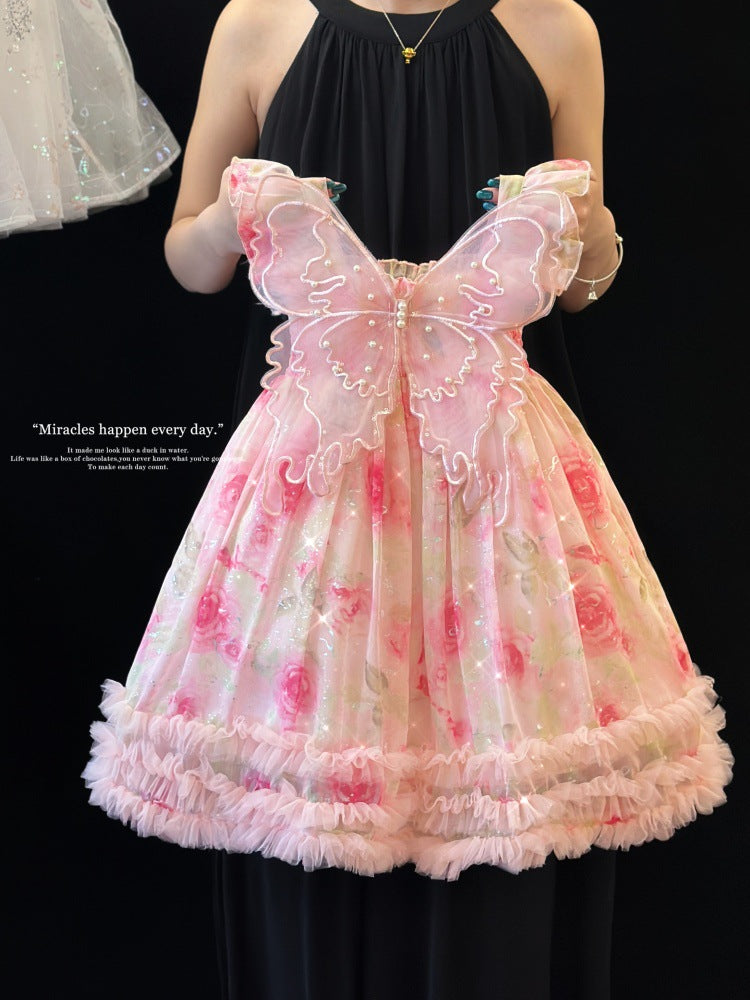 Girls' Winged Princess Dress Summer Dress 2026 New Style Kidsren's Birthday Dress Dress Fashionable Girl Pink Dress