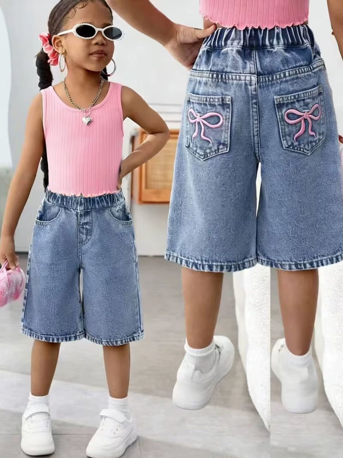 Girls' denim shorts for summer, versatile new style for older children, thin, stylish, loose, casual mid-length pants