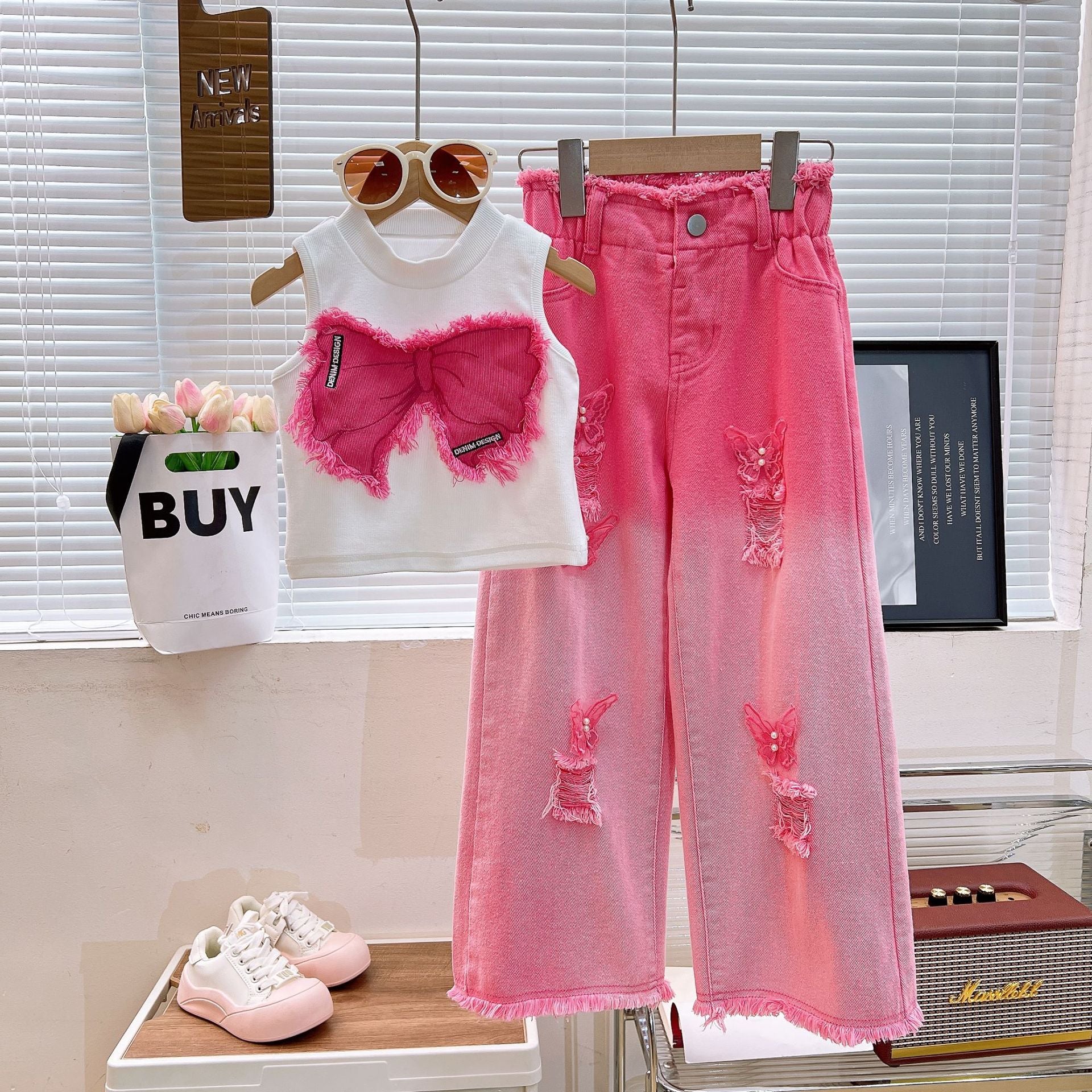 Ancorelala Girls Summer Suit 2026 Children's Sleeveless Ripped Jeans Two-Piece Set Medium and Large Clothes
