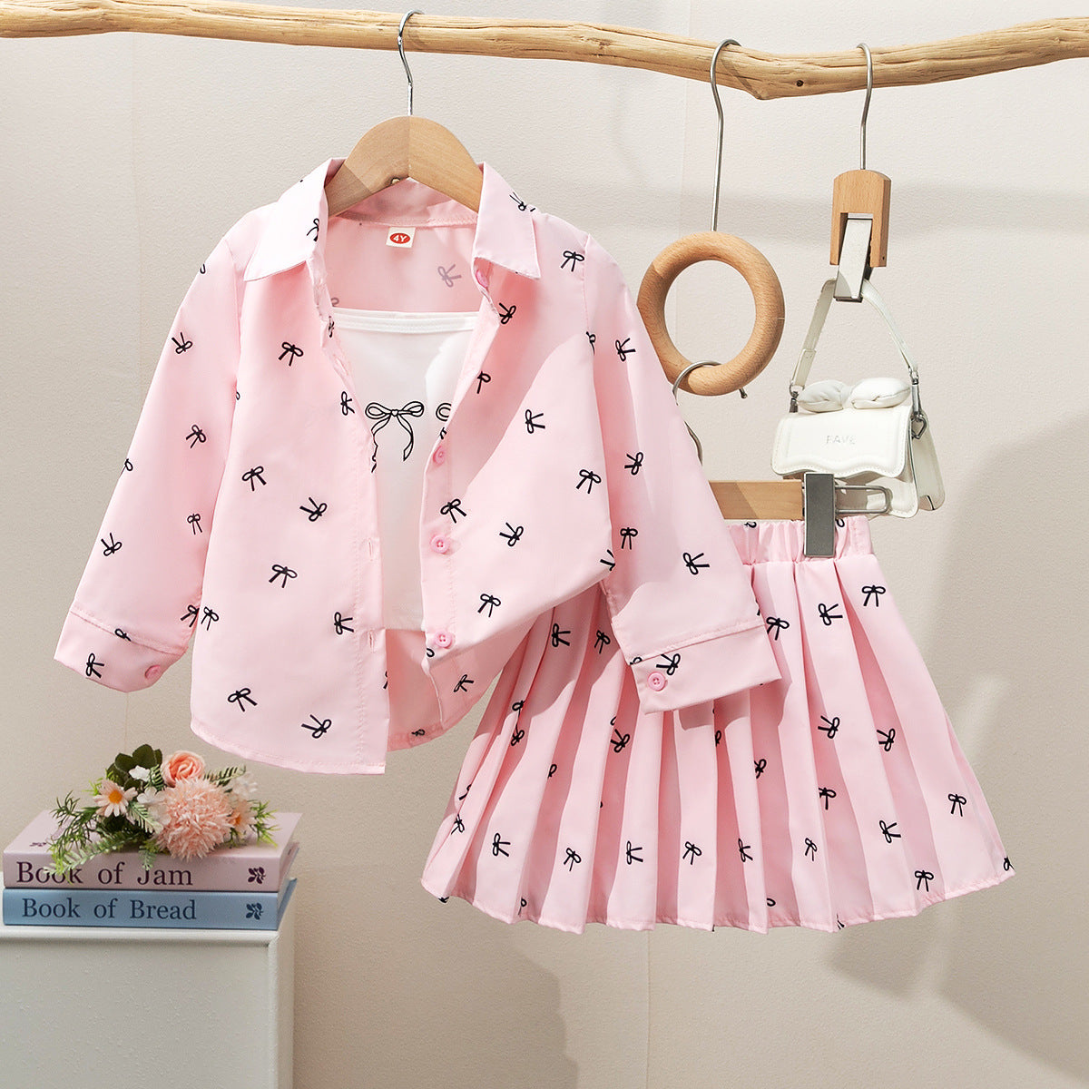Girls Fashion Lapel Bow Print Suit 3-Piece Camisole + Lapel Top Short Skirt Suit
