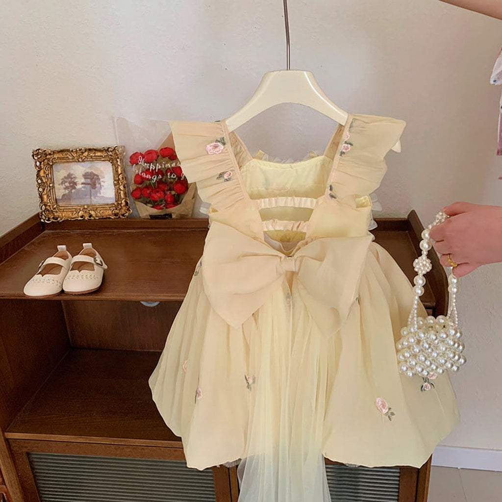 Disney-Inspired Girls' Summer Princess Mesh Dress with Large Bow - 2026 Fairy Suspender Skirt