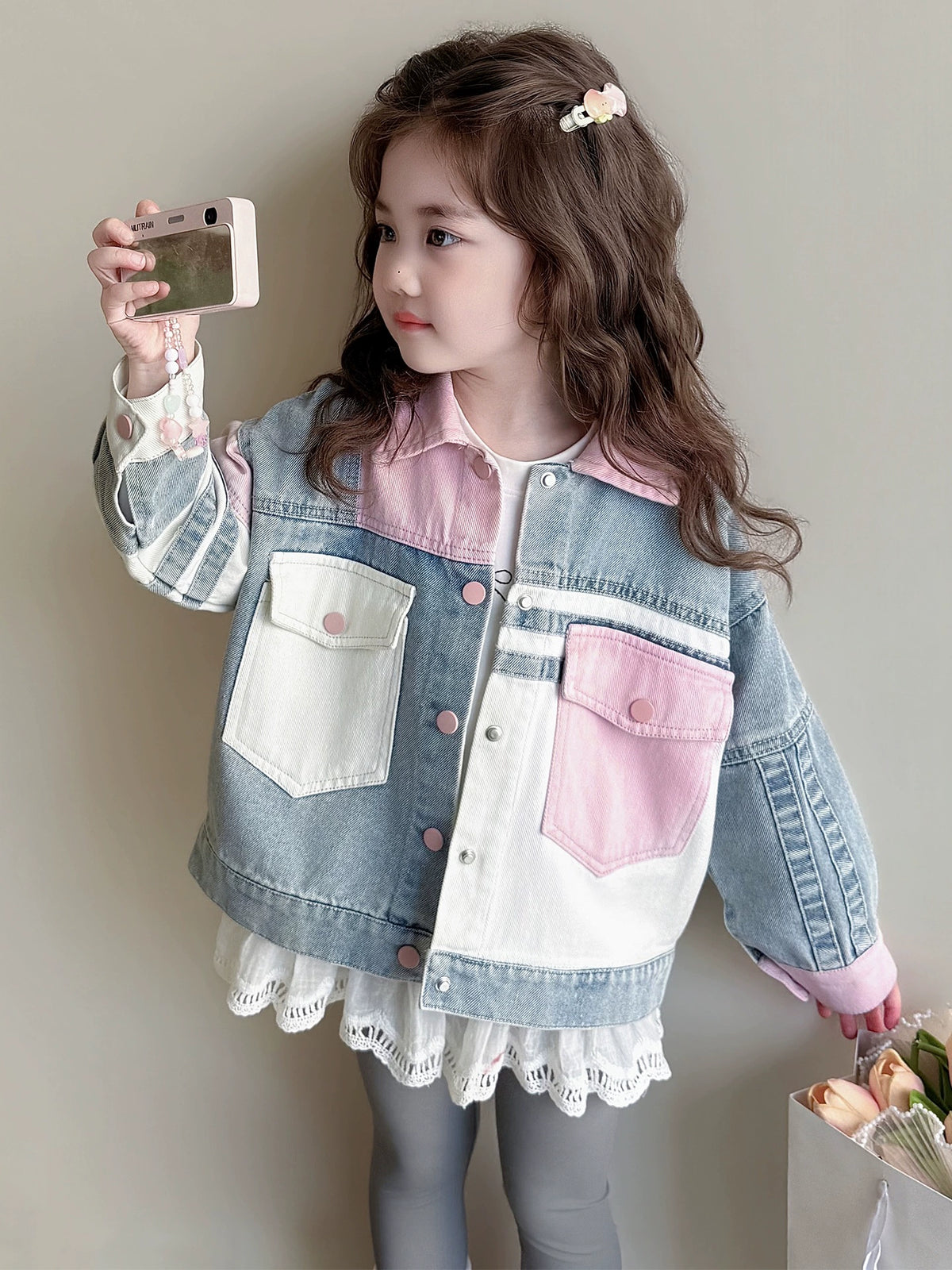 Girls' Color-Blocked Denim Jacket for Export, 2026 Autumn New Korean Style Shirt, One-Piece Dropshipping Trendy Korean Version Color-Blocking