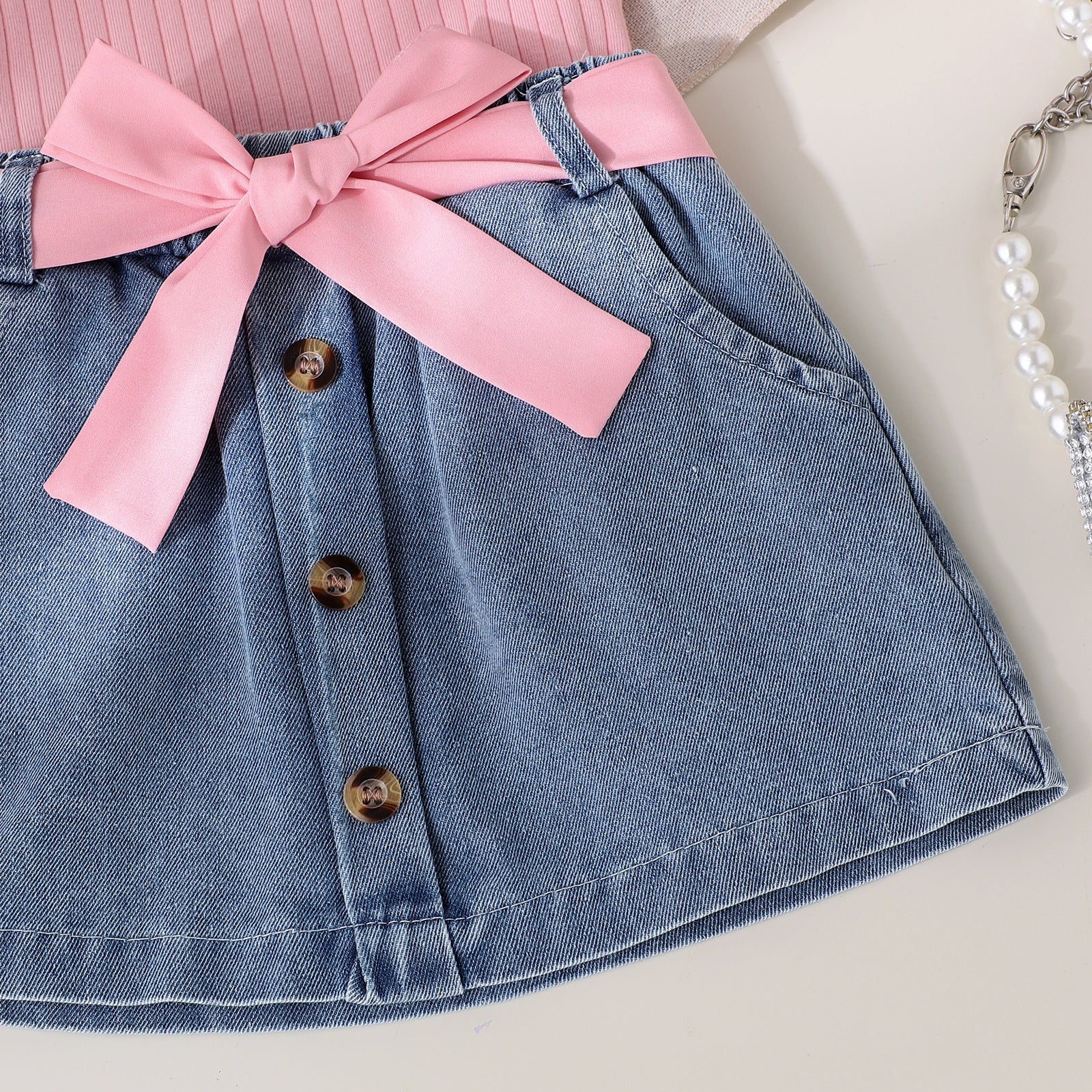Girls' Ribbed Tank Top and Denim Skirt Set - New European and American Style