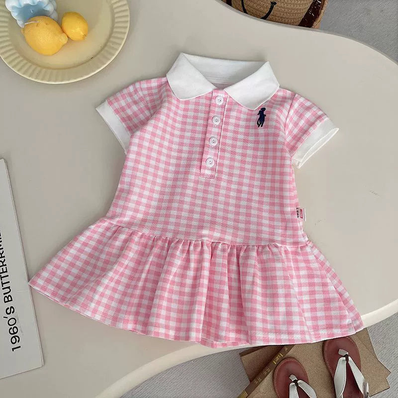 Summer Plaid Skirt Korean Children's Clothing Pink and White Plaid Polo Casual Stylish 2026 New Sweet Girl's Dress