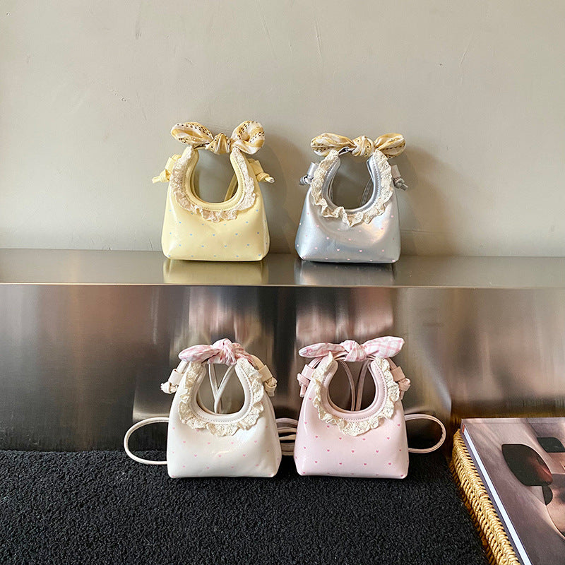 Cross-Border Children's Bag New Style Girls' Bow Lace Handbag Printed Polka Dot Half-Moon Girls' Parent-Child Crossbody Bag