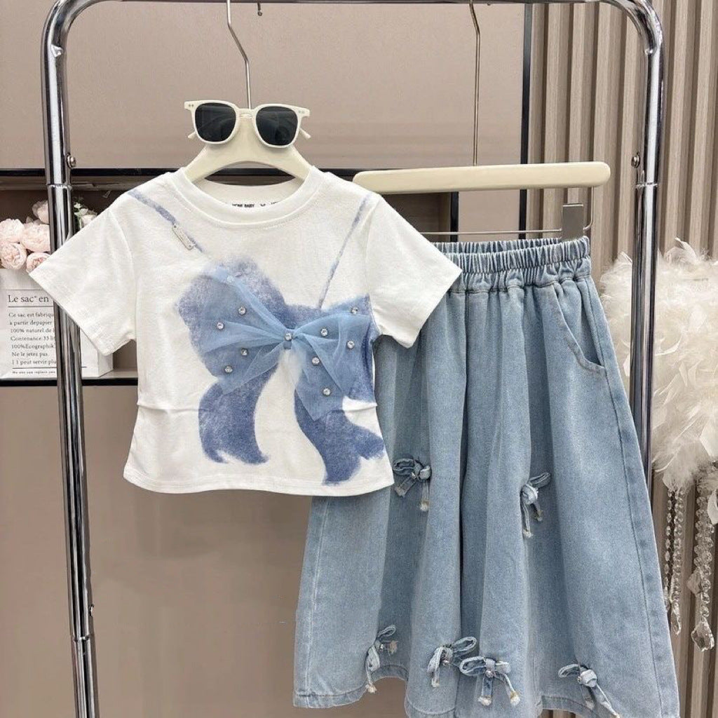 2025 Summer Girls' Three-Dimensional Bow Round Neck Solid Color Short-Sleeve Fashionable Versatile Bow Skirt Pants Two-Piece Set