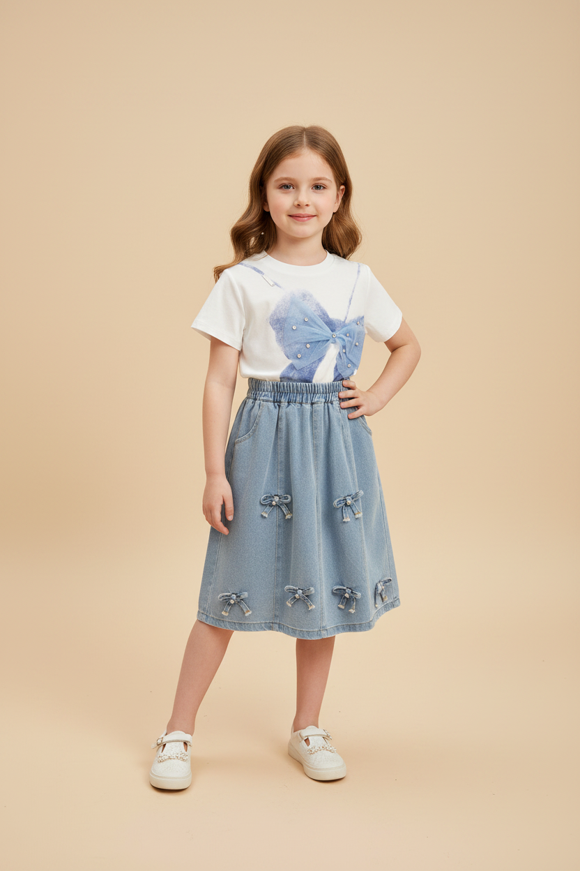 Girls' 3D Bow Short-Sleeve Top & Skirt Two-Piece Set