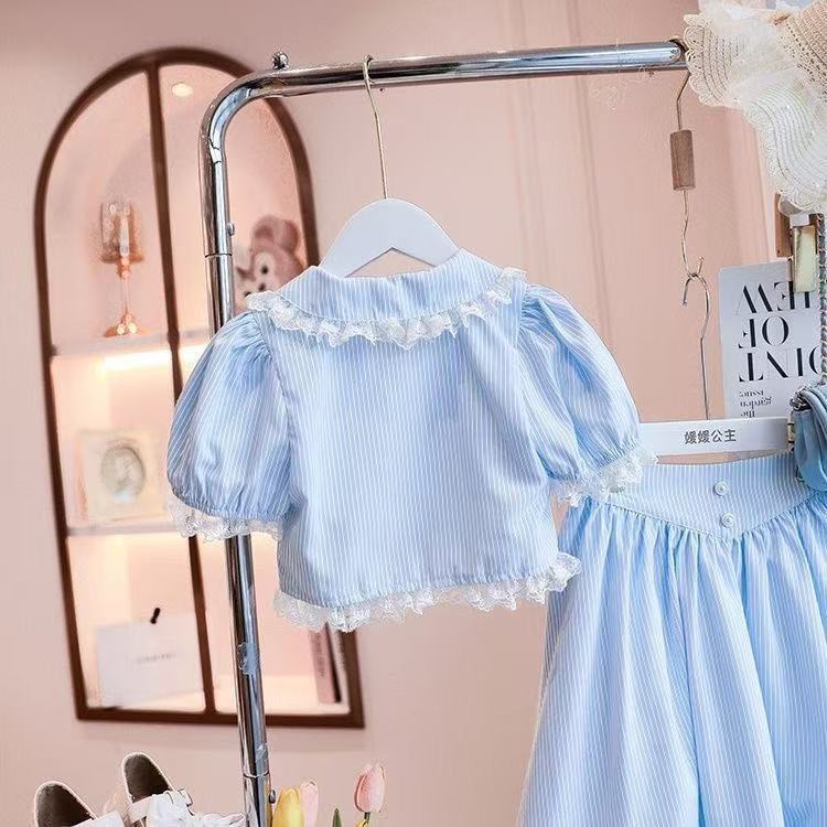 Girls' Summer 2026 French Oil Painting Style Lace-Trimmed Doll Collar Top and Long Skirt Two-Piece Set