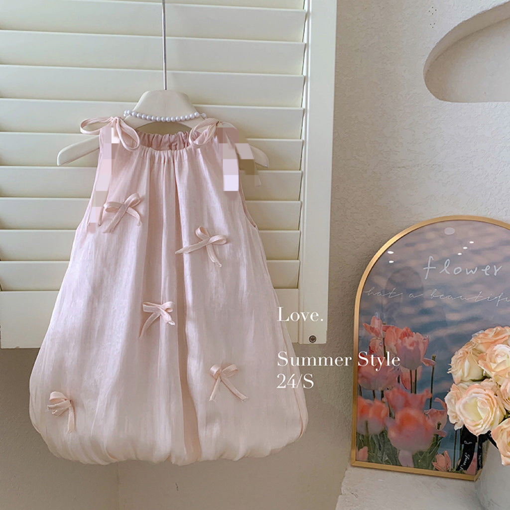 Disney-Inspired Girls' Summer Bow & Floral Princess Dress - Korean Style
