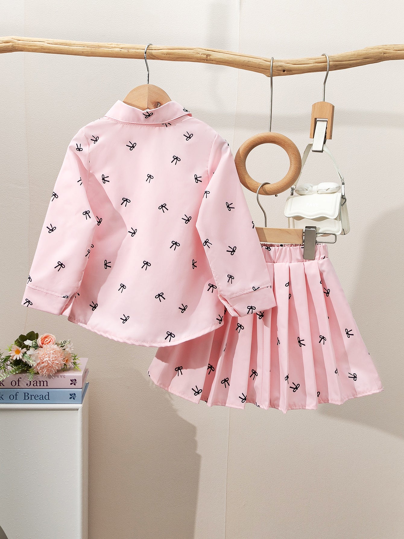 Girls Fashion Lapel Bow Print Suit 3-Piece Camisole + Lapel Top Short Skirt Suit