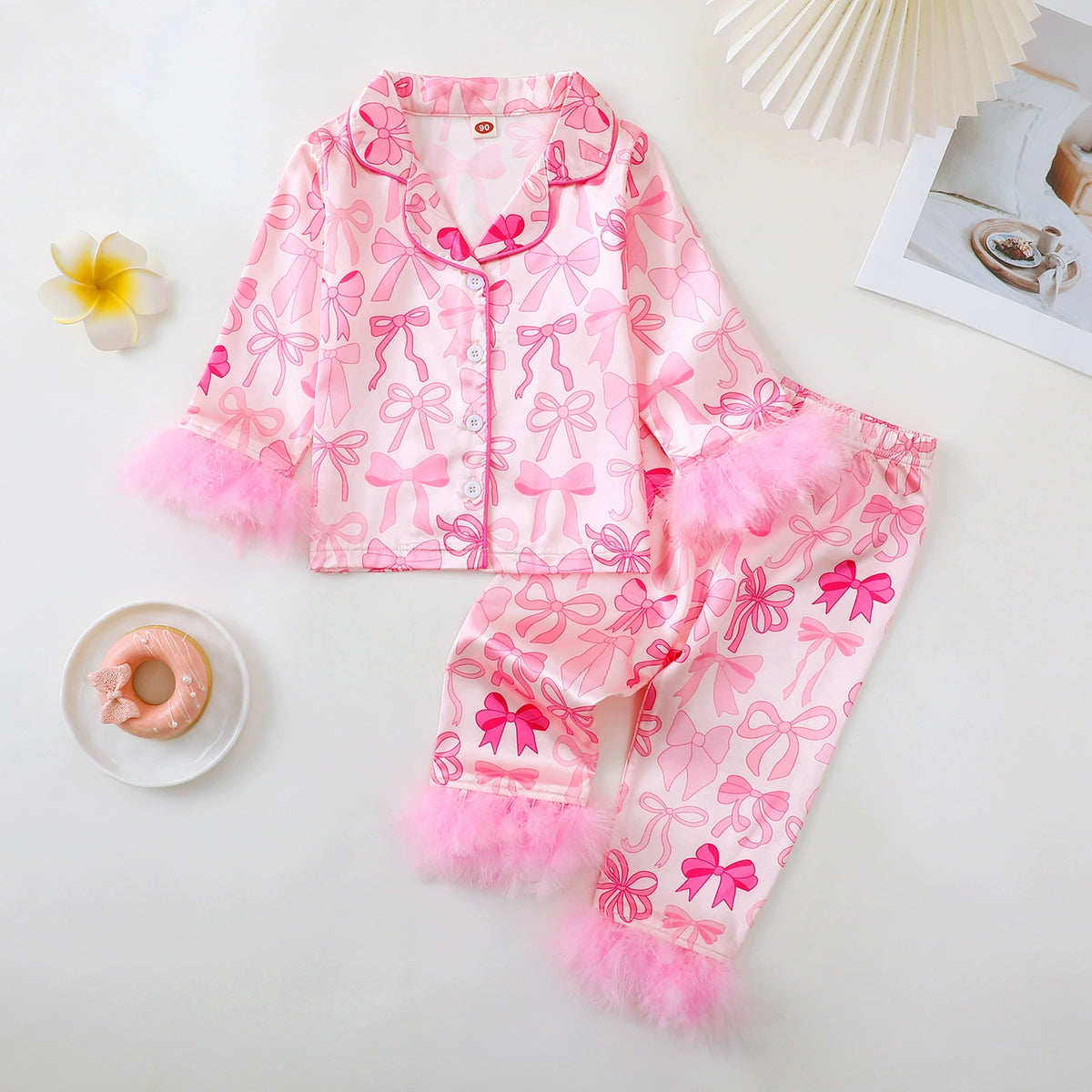 Children's Bow-Knot Pajama Set, Sweet and Casual Long-Sleeved Christmas Printed Fringed Home Wear, Cute Style