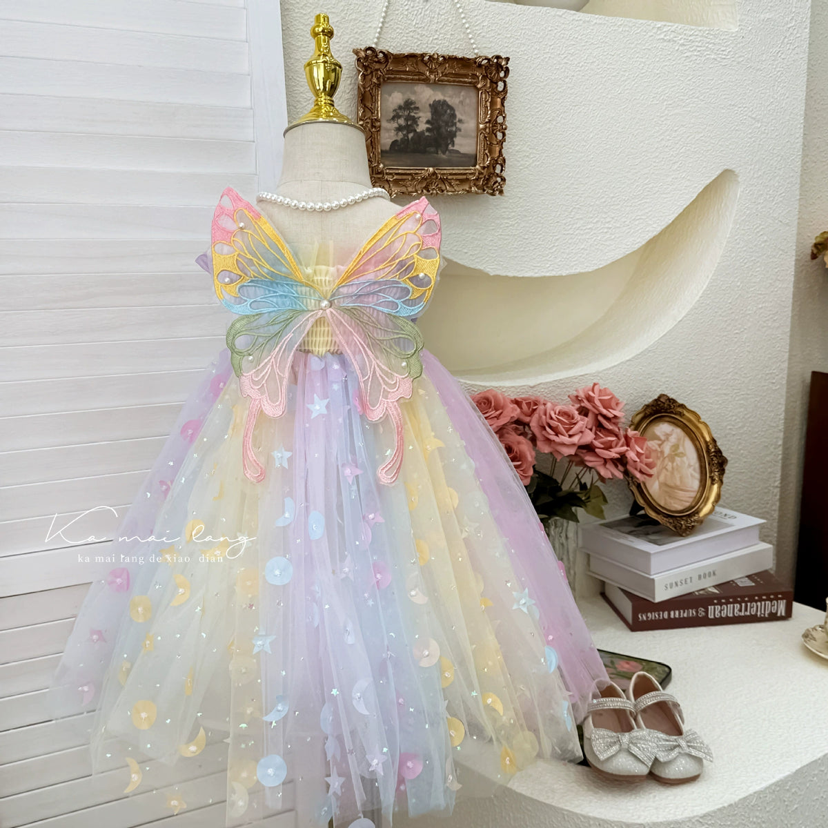 Girls' Dress 2025 Summer Butterfly Sequin Stylish Birthday Dress Princess Dress Little Girl Rainbow Dress
