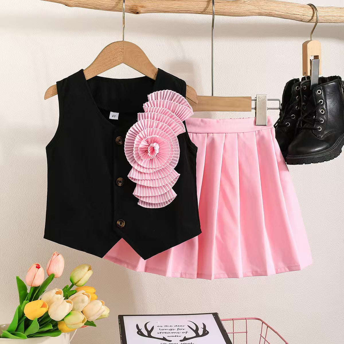 Children's clothing Cross Border Girls Summer Satin Flower Sleeveless Top Pink Pleated Skirt