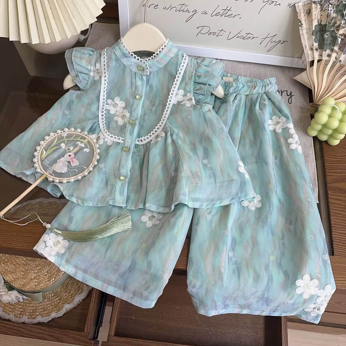 Summer Girls suit Guofeng 2025 New Embroidered Lace Vest Top Wide Leg Pants New Chinese Two-piece Set
