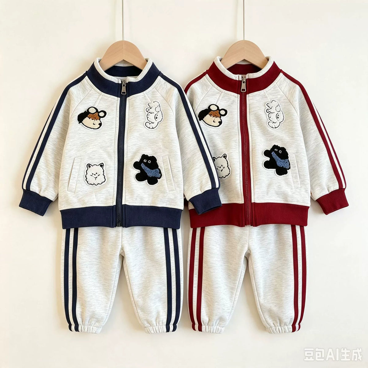 Spring and Autumn New Style Boys and Girls Stand Collar Towel Embroidery Raglan Sports Set, Cartoon Stylish Casual Two-Piece Set for Young Children