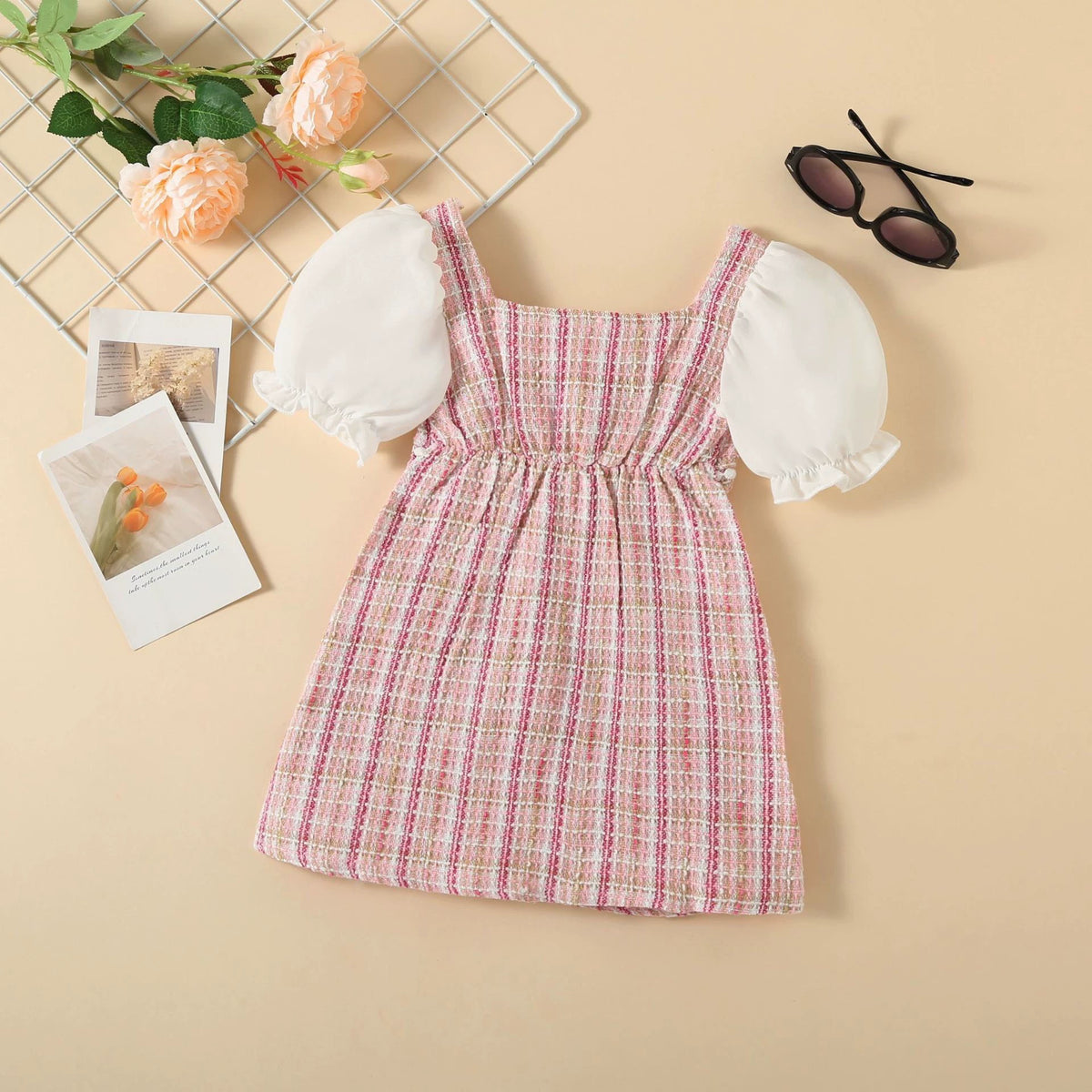 Baoxi children's clothing summer hot Chanel style chunky plaid pearl buckle decorative stitching puff sleeve girl dress