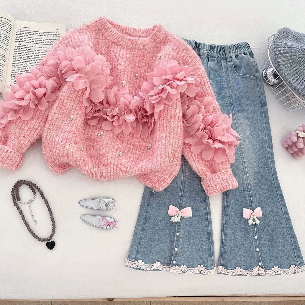 Korean Style Girls' Sweater Set Autumn 2026 Three-Dimensional Floral Knit Sweater and Flared Jeans Two-Piece Trendy Set