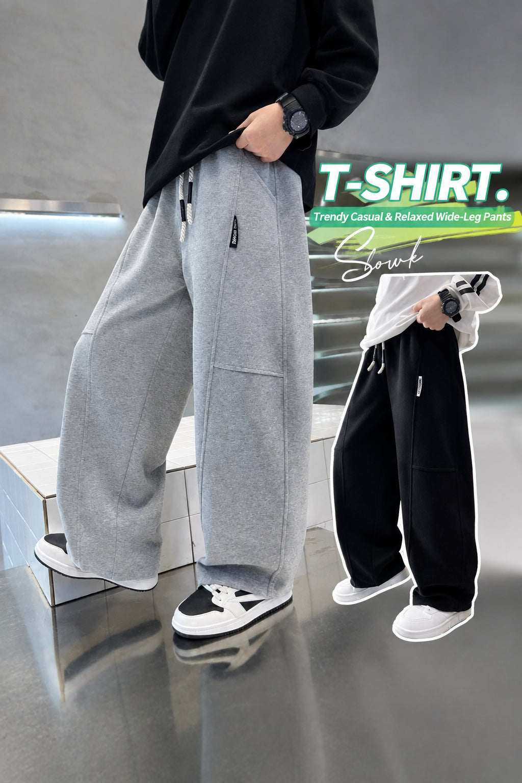 Boys' Fashionable Sports Sweatpants New Style for Older Children, Loose Straight-Leg Drape Wide-Leg Pants, Children's Cross-Border Pants for Autumn