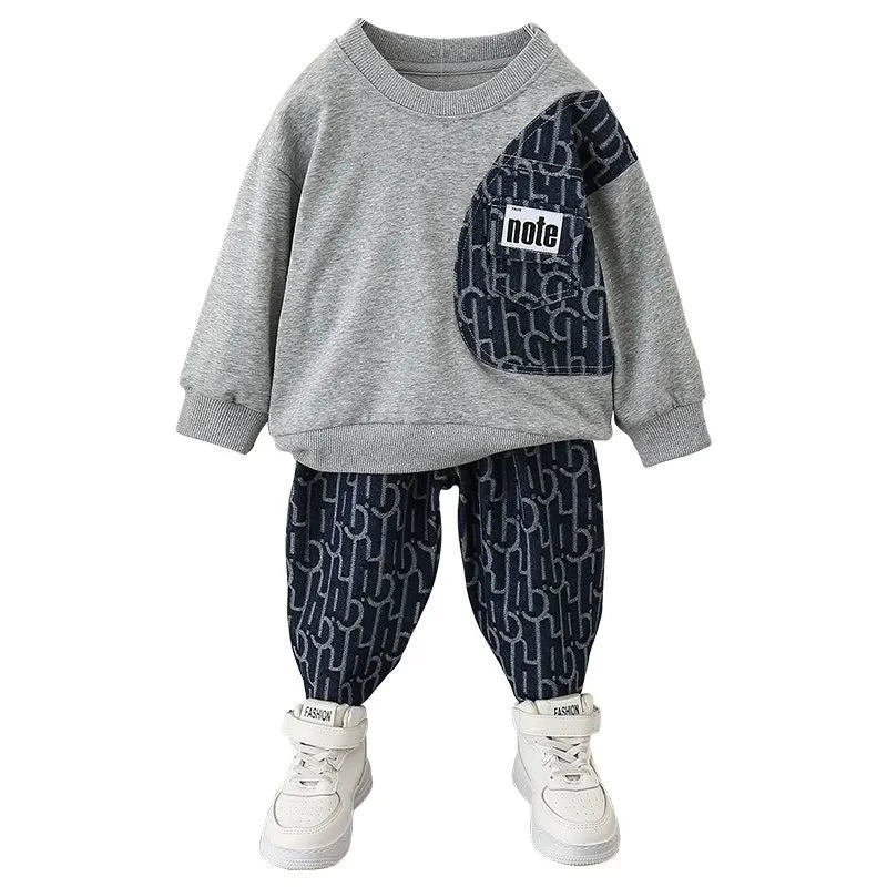 Children's Clothing Boys' Suits Autumn Outfit for Young Children Long-Sleeved Fake Two-Piece Sweatshirt Casual Pants Children's Sportswear Two-Piece Set Trendy